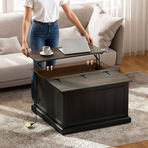 Lift Top Coffee Table with Charging Station, Square Farmhouse Center Table with Hidden Storage, Black Wood Grain