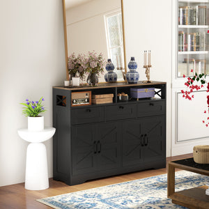 Sideboard, Buffet Cabinet with 4 Barn Doors and 3 Drawers, Coffee Bar Cabinet with Adjustable Shelves, Black – view 6