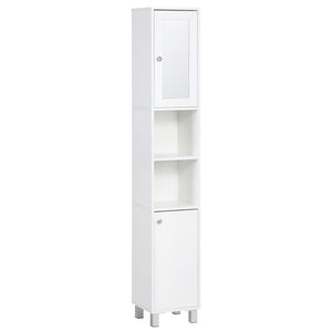 Tall Bathroom Storage Cabinet with Mirror, Freestanding Narrow Linen Tower Cabinet with Adjustable Shelves for Bathroom, White