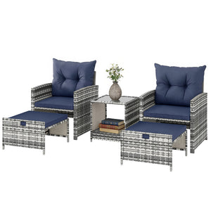 5 Piece Patio Furniture Set, Wicker Patio Chairs with Ottomans, 2-Tier Glass Coffee Table and Cushions – view 15