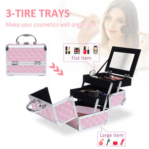 3 Tier Diamond Texture Makeup Train Case Cosmetic Organizer with Mirror, Black – view 12