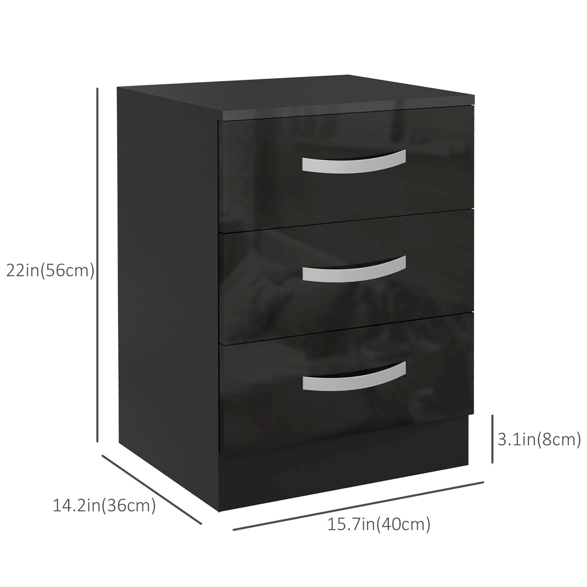 Bedside Table Set of 2, Modern Nightstand with Drawers and High Gloss Fronts, Night Table for Bedroom, Black – view 2