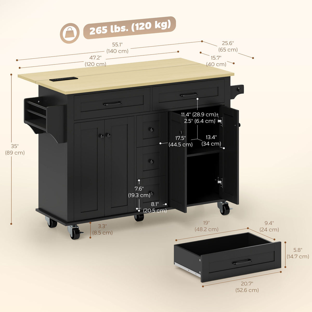 Kitchen Island Cart with Power Outlet & Drop Leaf, 55" Rolling Kitchen Island on Wheels with Storage, Black – view 2