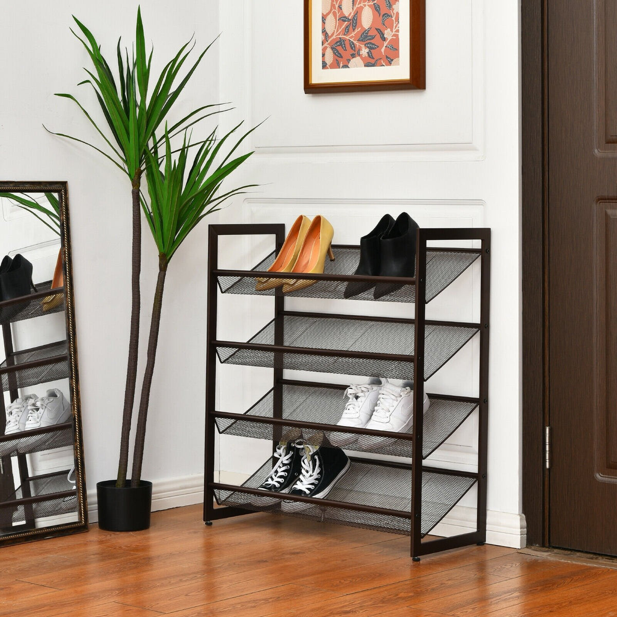 2/3/4 Tiers Flat and Slant Metal Shoe Rack for Entryway Hallway-4-Tier view 2