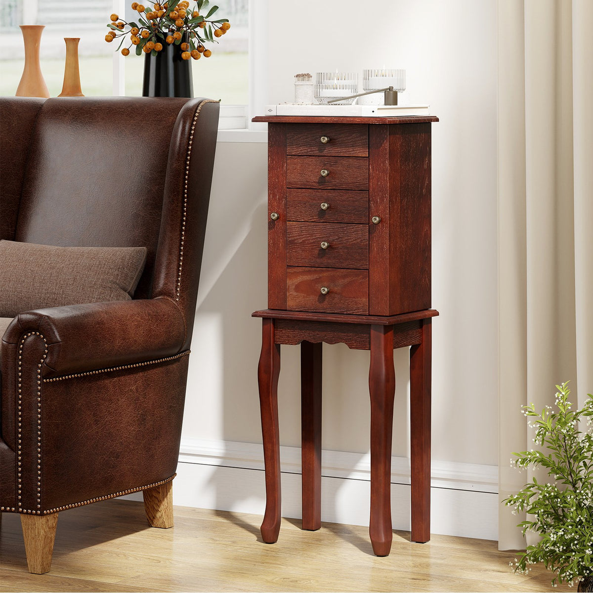 2 Colors Armoire Storage Standing Jewelry Cabinet with Mirror-Brown view 2