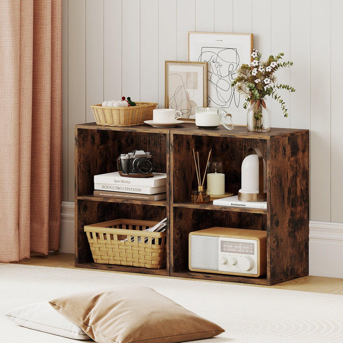 2-Cube Bookcase Set of 2 Floor Standing Open Bookshelf w/ 5-Position Adjustable Shelf-Brown view 2