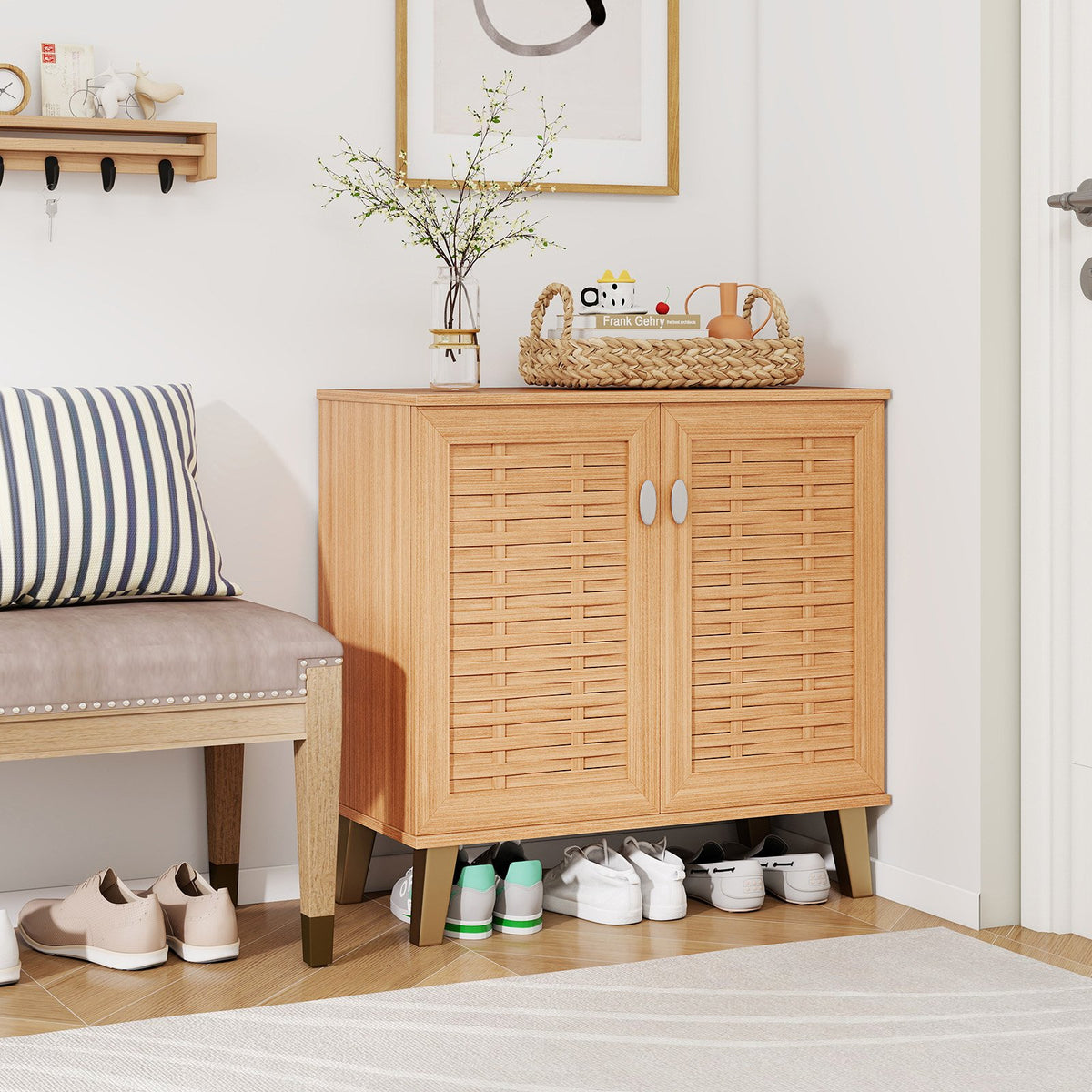 2-Door 4-Tier Shoe Cabinet Storage Organizer with Ventilated Woven Doors-Teak view 2