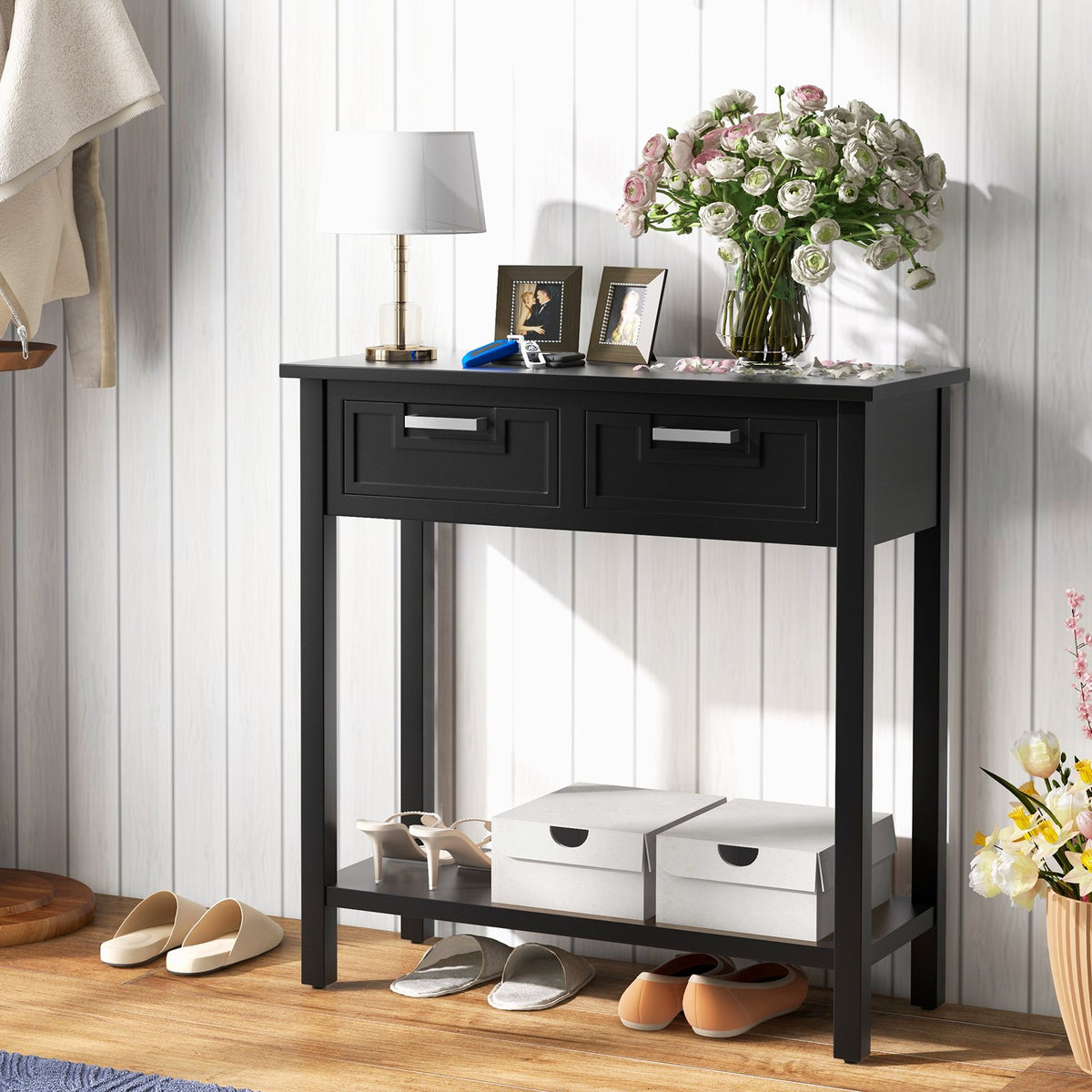 Narrow Console Table with Drawers and Open Storage Shelf-Black view 2