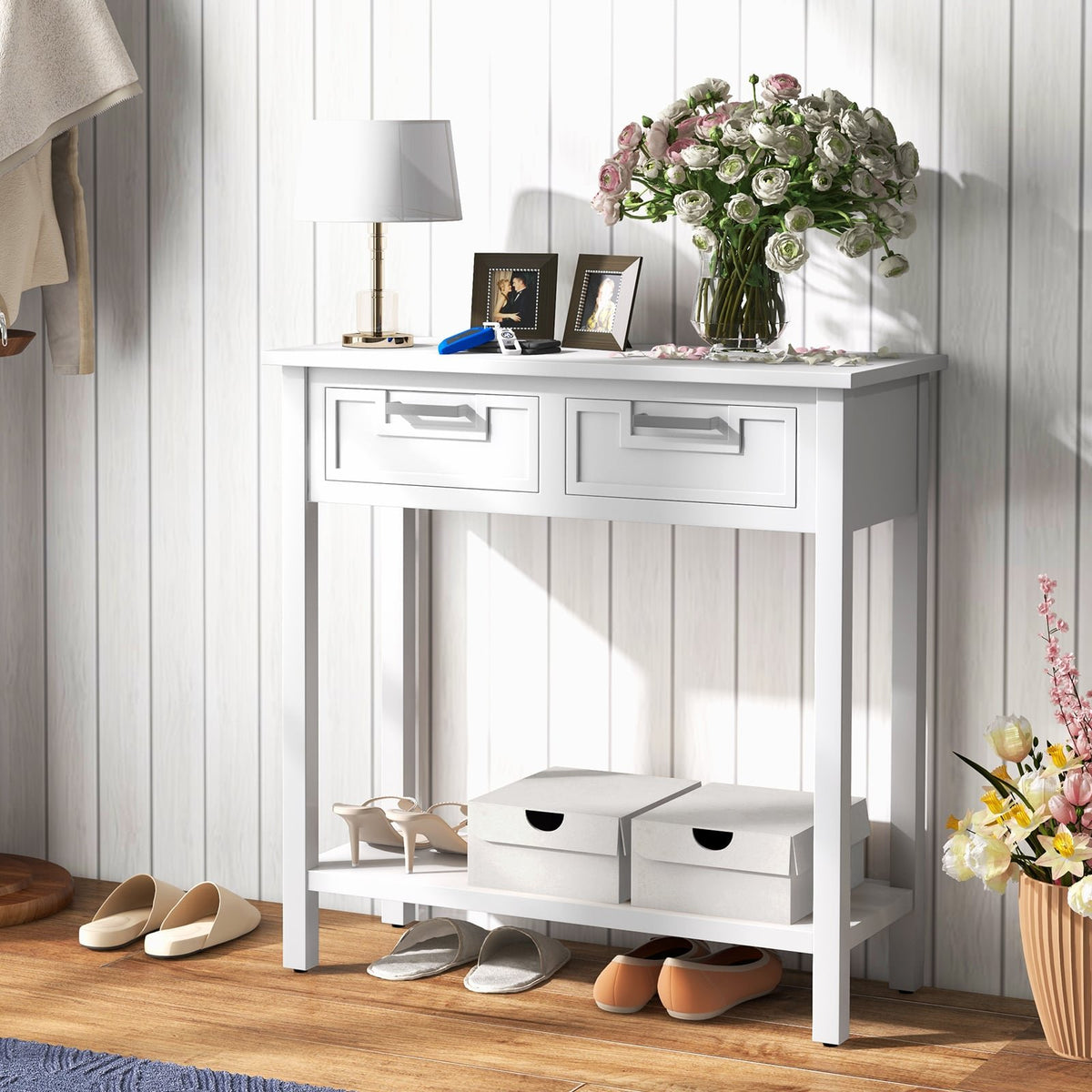 Narrow Console Table with Drawers and Open Storage Shelf-White view 2