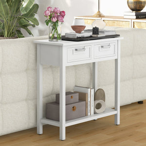 Narrow Console Table with Drawers and Open Storage Shelf-White view 3