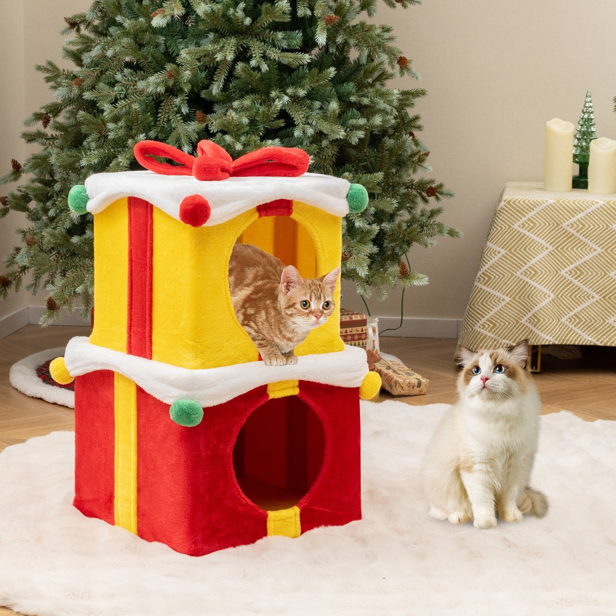 2 Gift Box Shaped Cute Christmas Cat House with Bow-Multicolor view 2