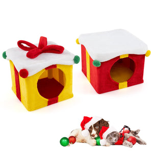 2 Gift Box Shaped Cute Christmas Cat House with Bow-Multicolor view 4