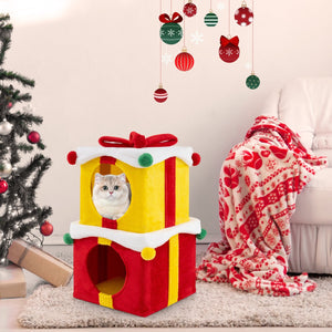 2 Gift Box Shaped Cute Christmas Cat House with Bow-Multicolor view 6