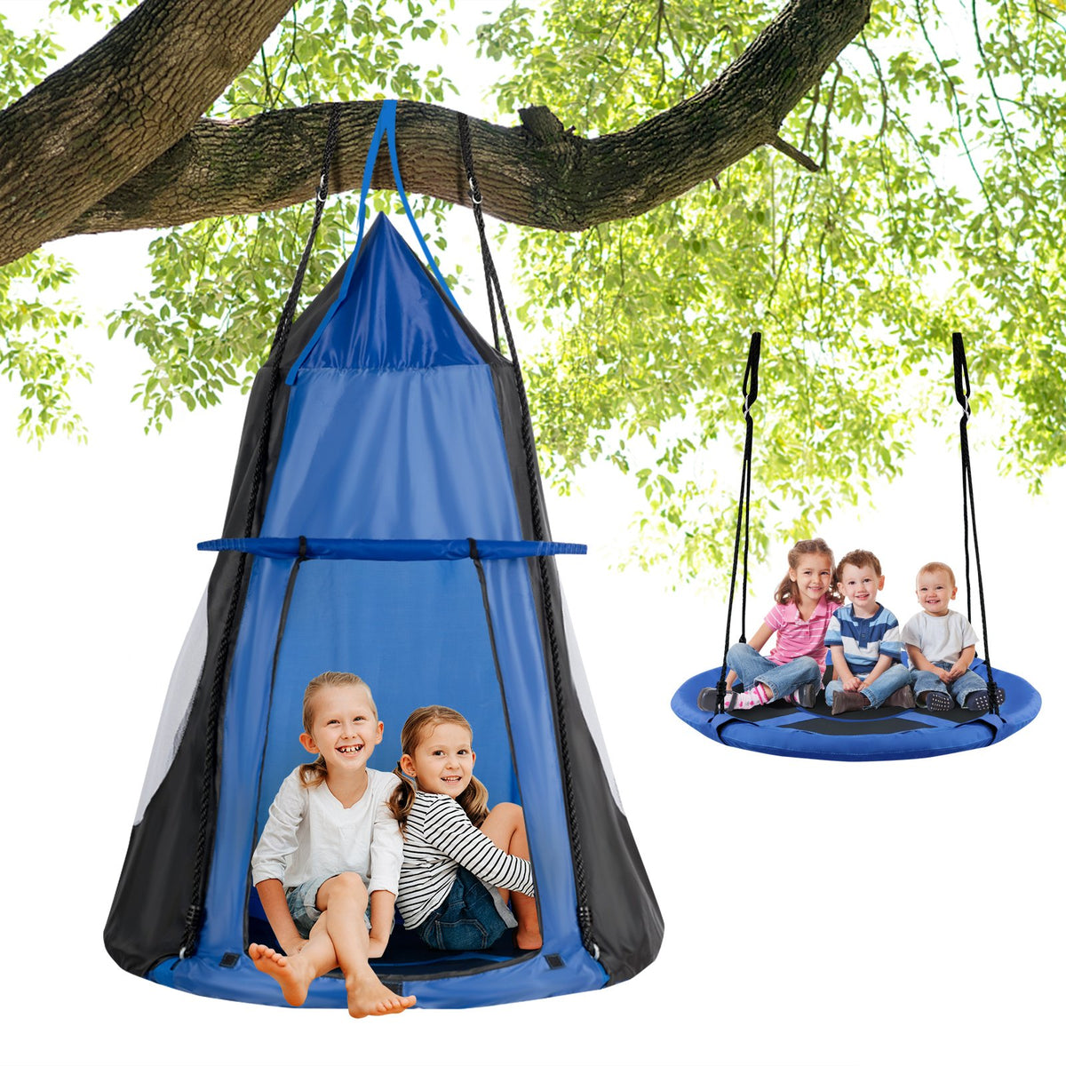 2-in-1 40 Inch Kids Hanging Chair Detachable Swing Tent Set-Blue view 2