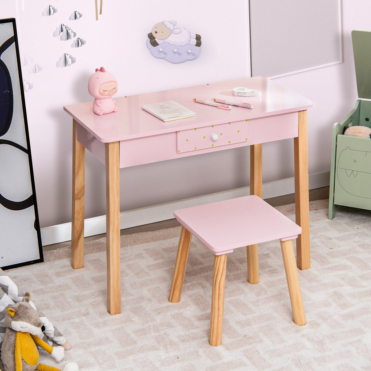 2-in-1 Children Vanity Table Stool Set with Mirror-Pink view 2