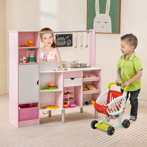2-in-1 Double-sided Kids Kitchen and Market with Realistic Light and Sound-Pink view 2