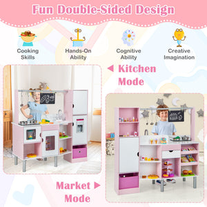 2-in-1 Double-sided Kids Kitchen and Market with Realistic Light and Sound-Pink view 5