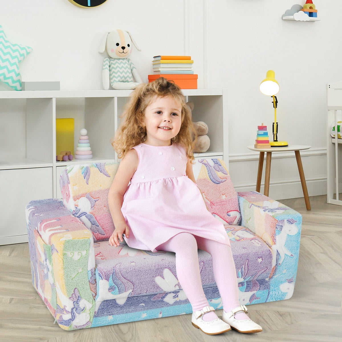 2-in-1 Flip Out Kids Sofa Chair with Detachable Flannel Fabric Cover and Glowing Patterns-Color view 2