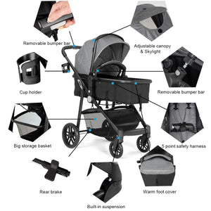 2 in 1 Foldable Pushchair Newborn Infant Baby Stroller-Gray view 8