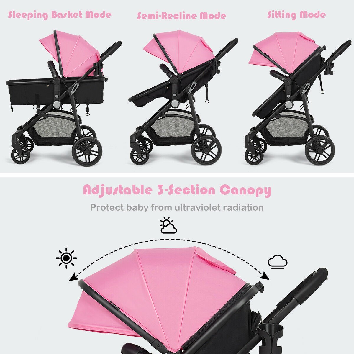 2 in 1 Foldable Pushchair Newborn Infant Baby Stroller-Pink view 2