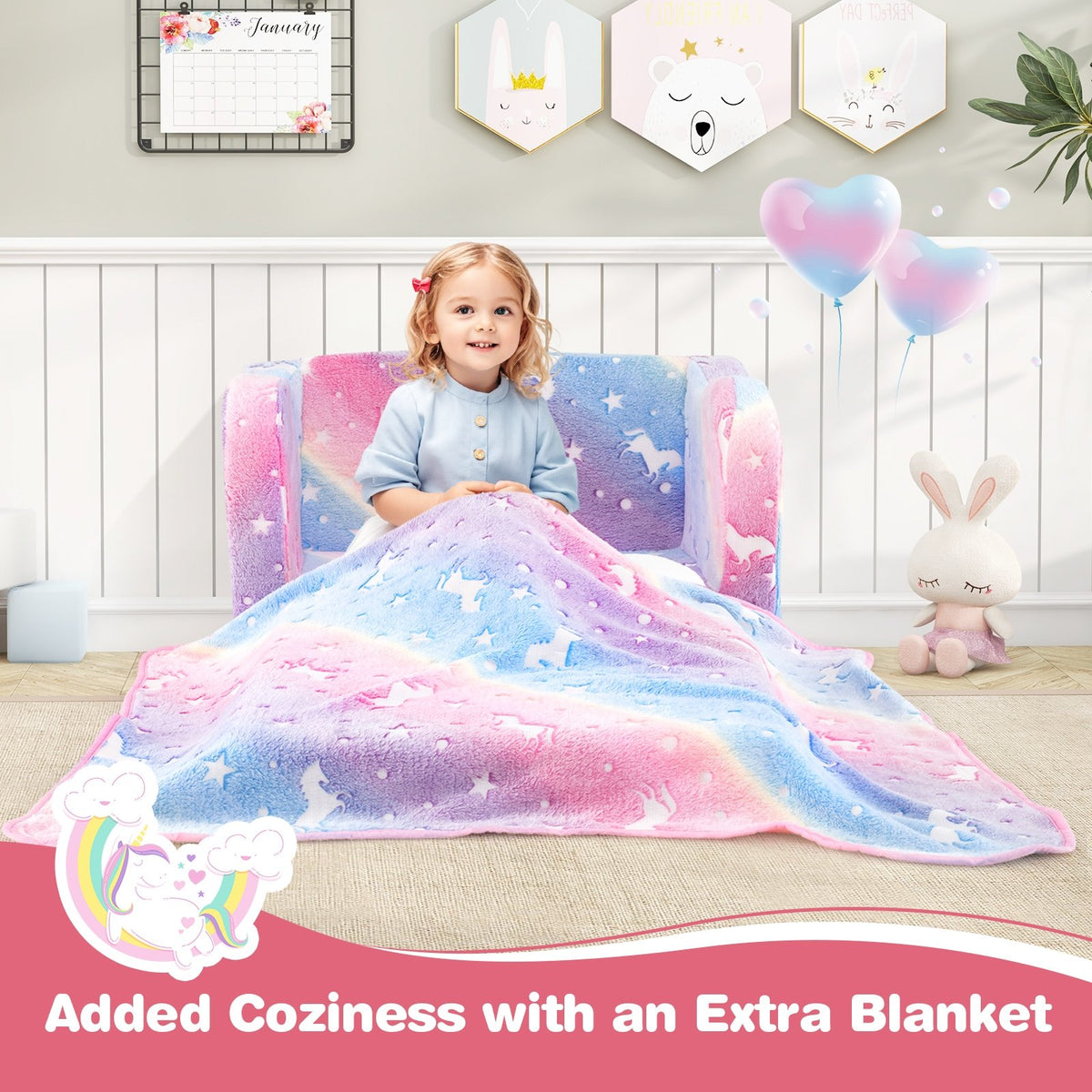 2-in-1 Folding Kids Couch with Blanket Glow in the Dark-Multicolor view 2
