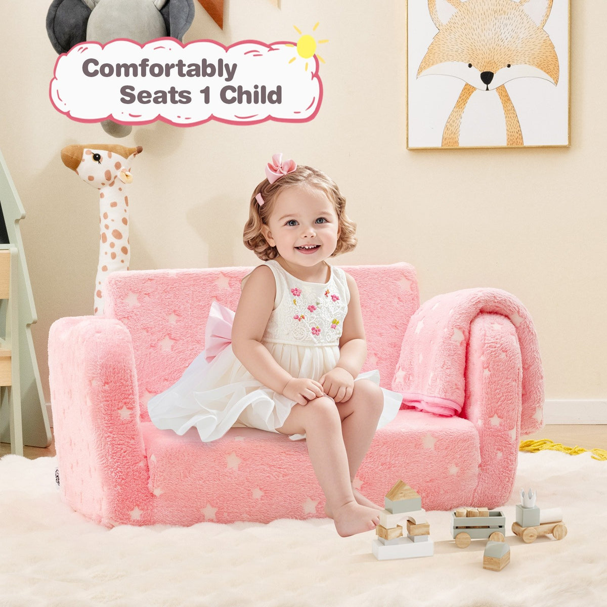 2-in-1 Folding Kids Couch with Blanket Glow in the Dark-Pink view 2