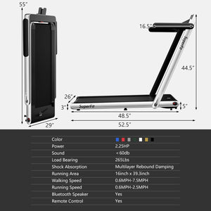 2.25HP 2 in 1 Folding Treadmill with APP Speaker Remote Control-Silver view 3