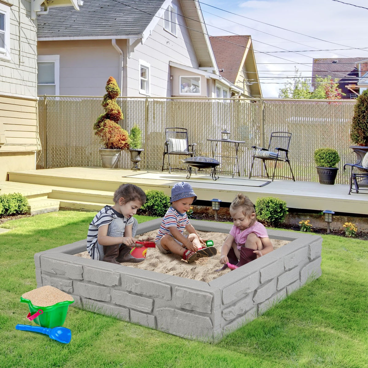 2-In-1 HDPE Kids Sandbox with Cover and Bottom Liner-Gray view 2