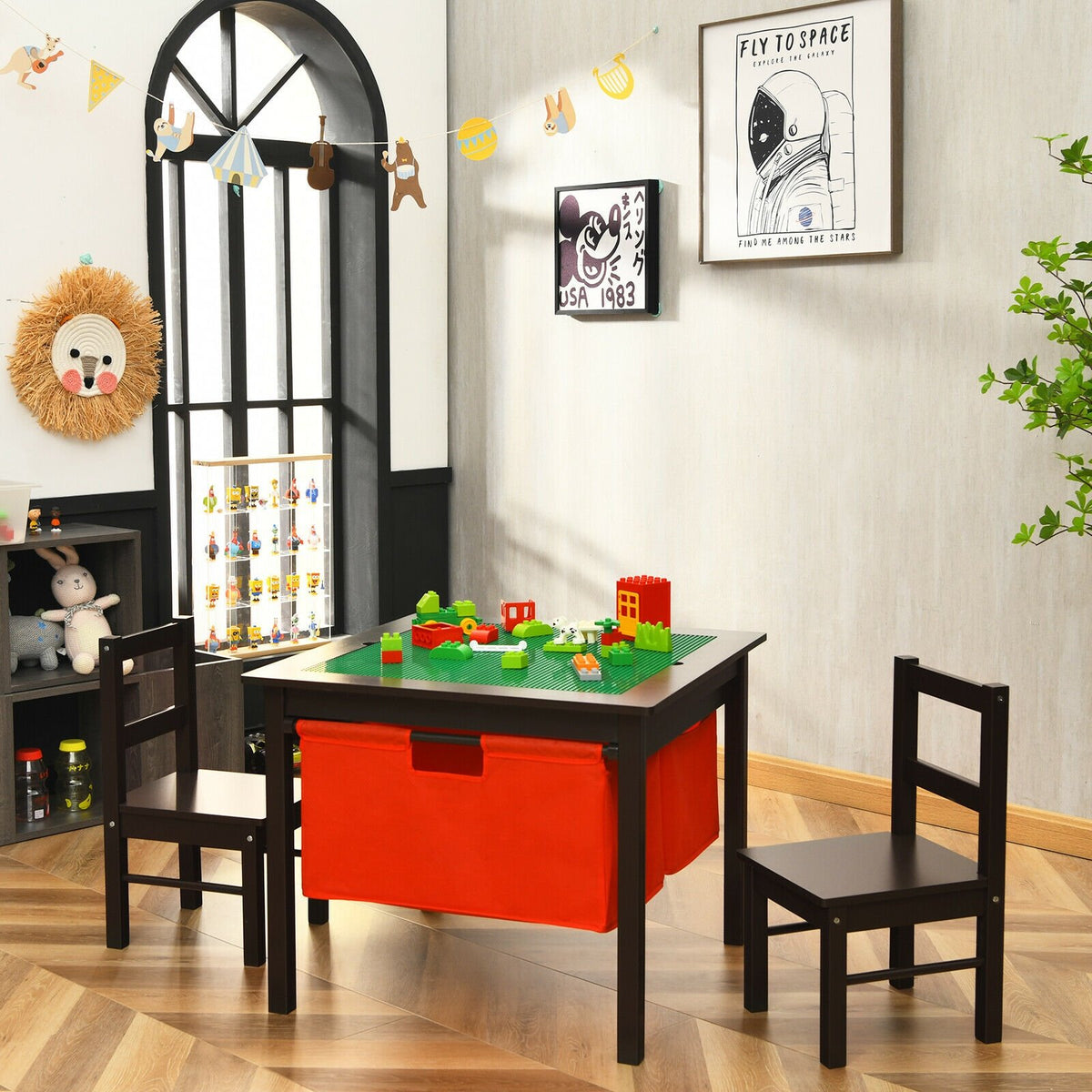 2-in-1 Kids Activity Table and 2 Chairs Set with Storage Building Block Table-Dark Brown view 2