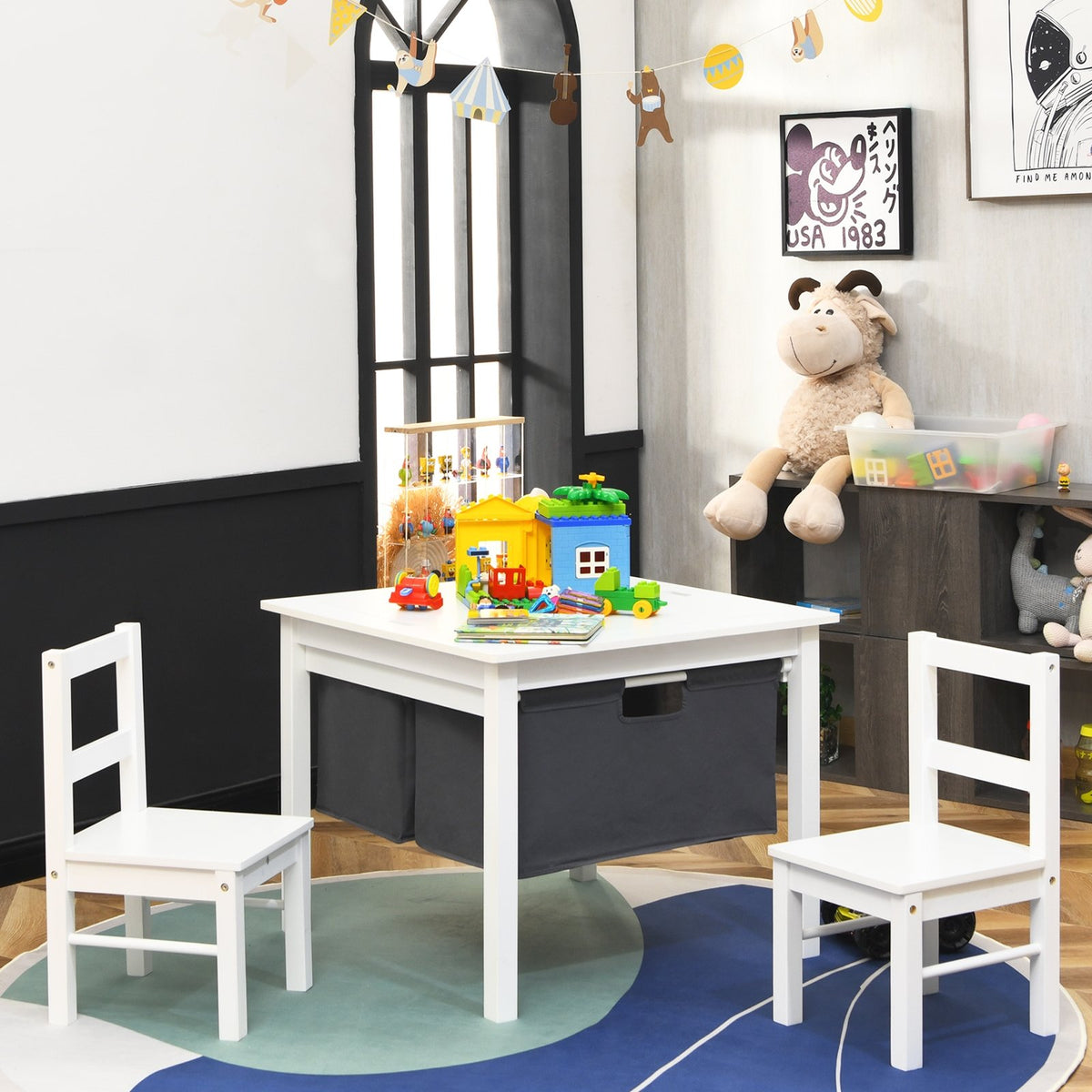 2-in-1 Kids Activity Table and 2 Chairs Set with Storage Building Block Table-White view 2