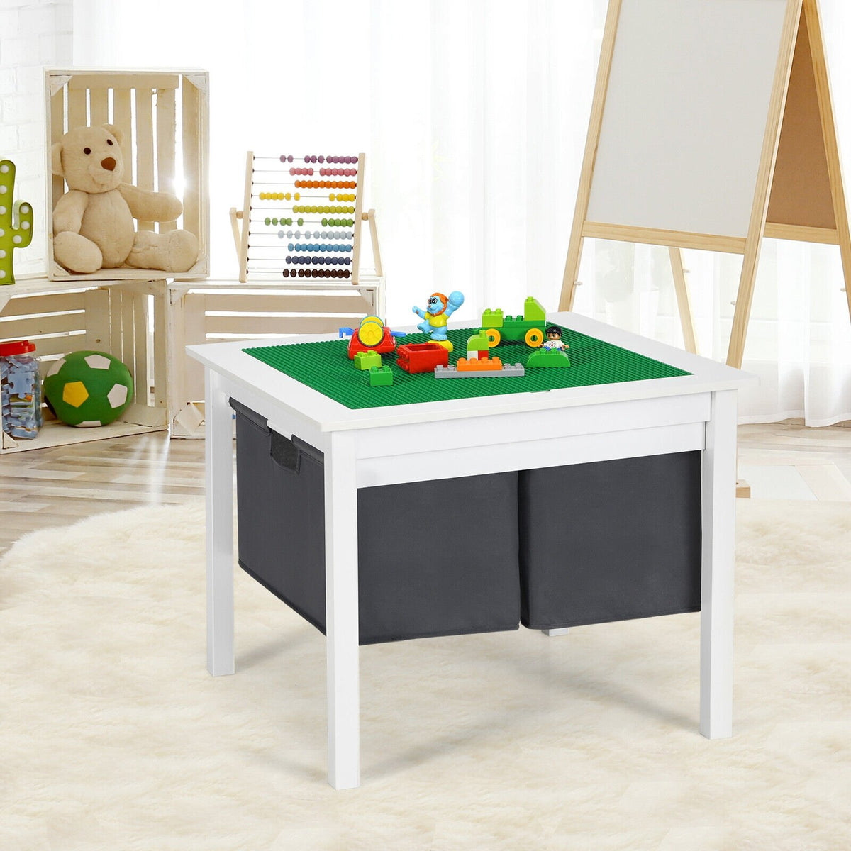 2-in-1 Kids Double-sided Activity Building Block Table with Drawers-White view 2