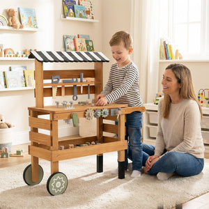 2-in-1 Kids Rolling Cart with Play Tools Set for Construction Play-Brown view 3