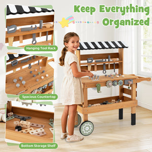 2-in-1 Kids Rolling Cart with Play Tools Set for Construction Play-Brown view 9