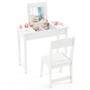 2-in-1 Kids Vanity Makeup Table and Chair Set with Flip Top Mirror-White