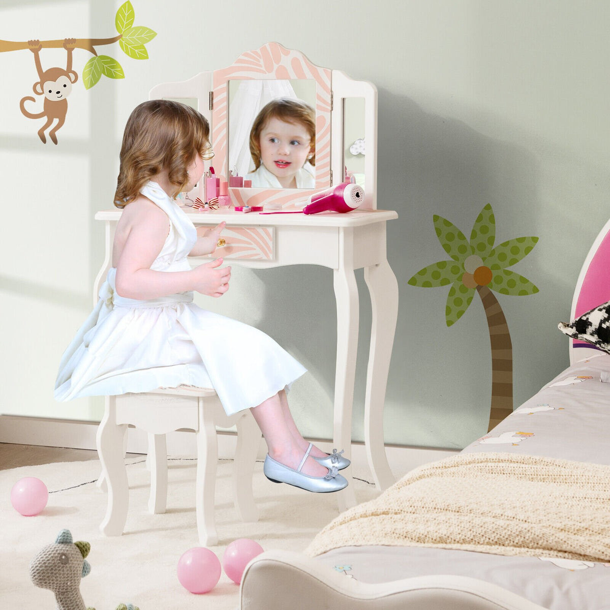 2-in-1 Kids Vanity Table Set with Tri-Folding Mirror-Pink view 2