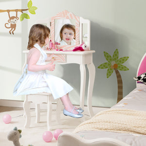2-in-1 Kids Vanity Table Set with Tri-Folding Mirror-Pink view 2
