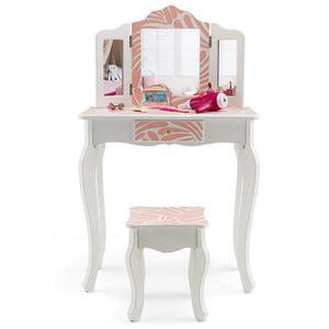 2-in-1 Kids Vanity Table Set with Tri-Folding Mirror-Pink view 4