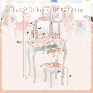 2-in-1 Kids Vanity Table Set with Tri-Folding Mirror-Pink view 5