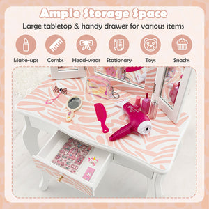 2-in-1 Kids Vanity Table Set with Tri-Folding Mirror-Pink view 6