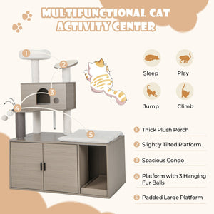 2-in-1 Modern Cat Tower with Litter Box Enclosure for Indoor Cars-Gray view 6