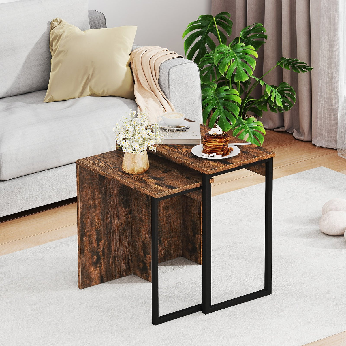 2-in-1 Nesting Coffee Table Set of 2 for Living Room and Bedroom-Rustic Brown view 2