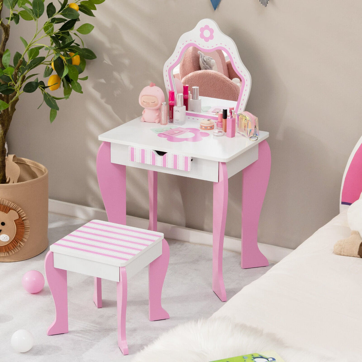 2-in-1 Toddler Vanity Set with Detachable Top and Cute Flower Patterns-White view 2