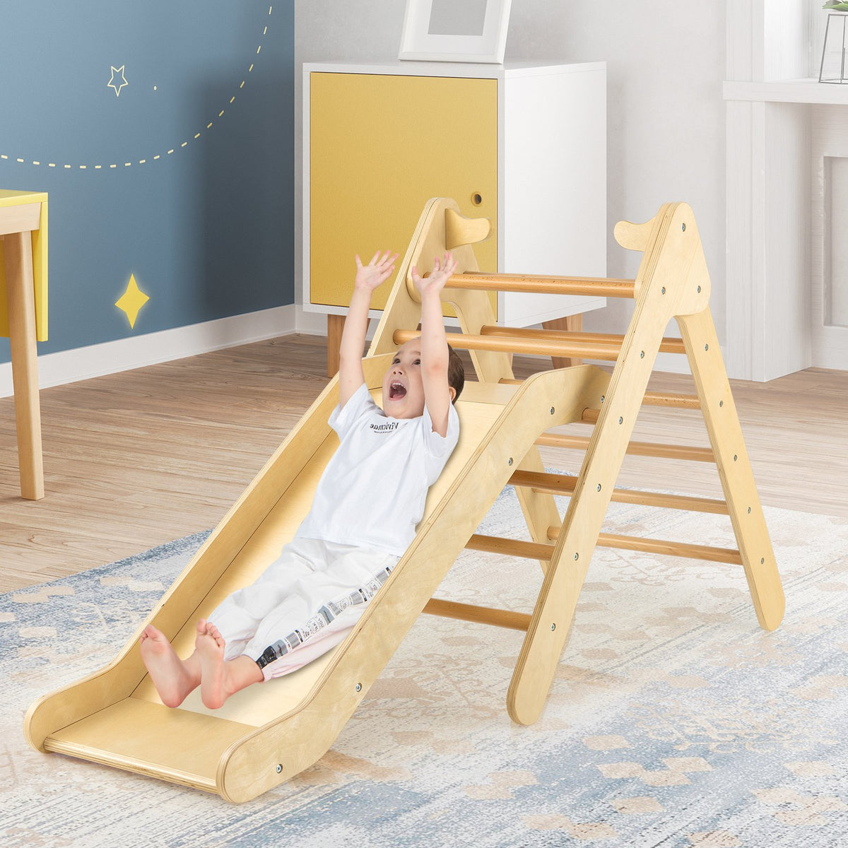 2-in-1 Wooden Triangle Climber Set with Gradient Adjustable Slide-Natural view 2