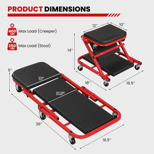 2-in-1 Z-Shaped Rolling Garage Stool 36 inches Folding Flat Automotive Creeper-Red view 5