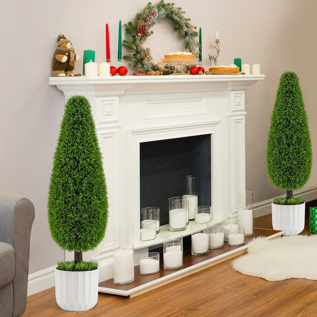 2 Pack 3 Feet Artificial Cedar Teardrop Shaped Bush with Plastic Nursery Pot-Green view 2