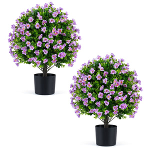 2 Pack Artificial Eucalyptus Topiary Trees with Flowers and Cement Planter for Home-Purple