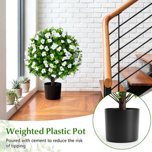 2 Pack Artificial Eucalyptus Topiary Trees with Flowers and Cement Planter for Home-White view 9