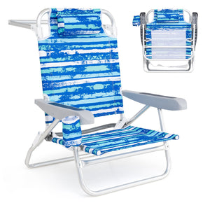 2 Pack Folding Beach Chair with Adjustable Positions and Head Pillow-Blue view 4