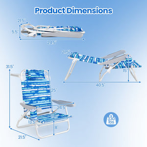 2 Pack Folding Beach Chair with Adjustable Positions and Head Pillow-Blue view 5