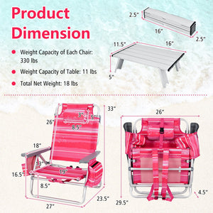 2 Packs 5-Position Outdoor Folding Backpack Beach Table Chair Reclining Chair Set-Hot Pink view 4